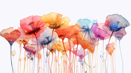 watercolor wild flowers in the field gradient rainbow poppies. generative ai