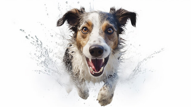 dog shakes off water studio photo white background, happiness joy. Generative AI
