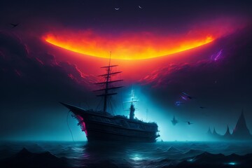 ship in the night at sea with neon colors, abstract 