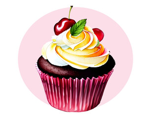 Painted watercolor cupcake with cream and fruit. Isolated design element for baby shower, party, birthday, greeting card, birthday party, menu, restaurant. Drawing vector illustration 