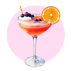 Hand drawn fruit cocktail in glass goblet. Watercolor drawing of tropical drink. Isolated design element for menu, restaurant, greeting card, invitation, holiday. Vector illustration