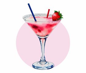 Hand drawn fruit cocktail in glass goblet. Watercolor drawing of tropical drink. Isolated design element for menu, restaurant, greeting card, invitation, holiday. Vector illustration
