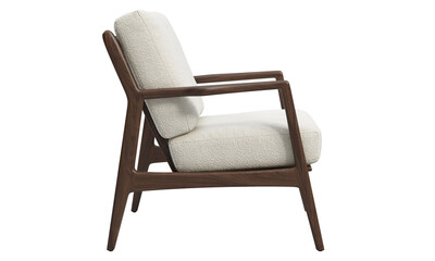 Midcentury white boucle fabric upholstery chair with wooden base. 3d render