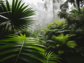 tropical plants and flowers during the rain in a forest with a blurry background
