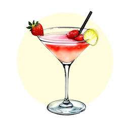 Hand drawn fruit cocktail in glass goblet. Watercolor drawing of tropical drink. Isolated design element for menu, restaurant, greeting card, invitation, holiday. Vector illustration