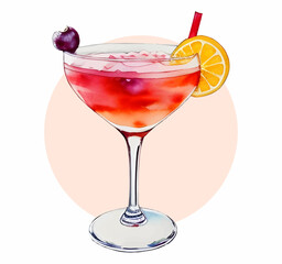 Hand drawn fruit cocktail in glass goblet. Watercolor drawing of tropical drink. Isolated design element for menu, restaurant, greeting card, invitation, holiday. Vector illustration