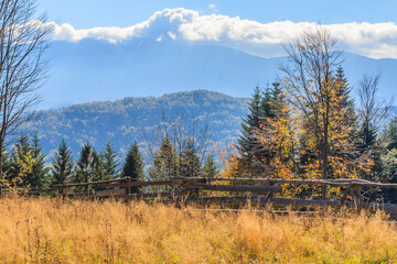 The Babia Góra range seen from the tourist trail from Stryszawa to Jałowiec in Beskid Makowski (Poland) on a sunny autumn day