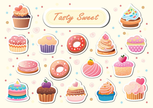 Hand drawn cute sweet baked goods sticker set. Isolated design element for printing. collection of stickers in style of cartoon kawaii. colored doodles. vector illustration.  