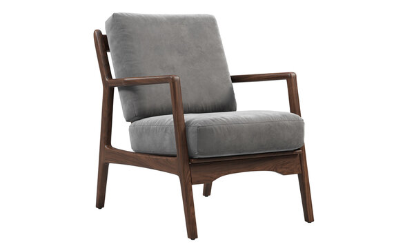 Midcentury gray velvet upholstery chair with wooden base. 3d render