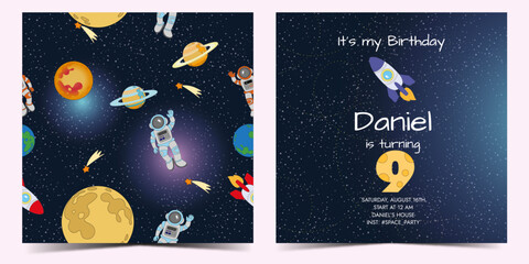 2 in 1. Template children's birthday invitation 9 years in space concept with seamless pattern with planets and astronauts. CMYK format, ready to print