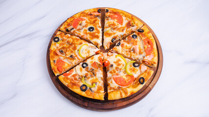 Sliced pizza top view isolated