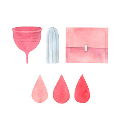 menstruation, sanitary pads, discharge color, menstrual cup, feminine hygiene products, hand drawn watercolor illustration isolated,