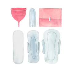 menstruation, sanitary pads, menstrual cup, feminine hygiene products, hand drawn watercolor illustration isolated