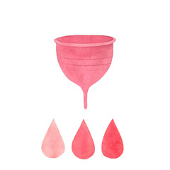 menstruation, menstrual cup, color and intensity of discharge feminine hygiene products, hand drawn watercolor illustration isolated