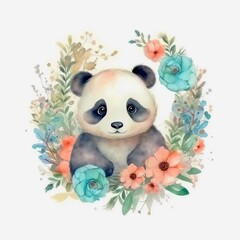 watercolor illustration character little baby panda decorated floral round frame for textile print or card or packaging