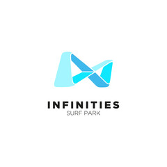 Infinity geometric water logo concept with 3d shape gradient blue color. Surf Park