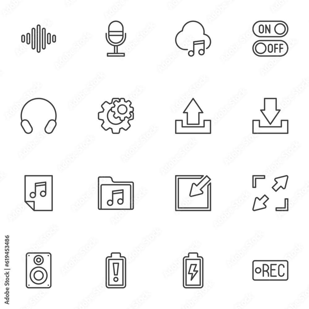 Poster media player button line icons set
