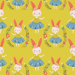 Seamless bunny pattern with flowers on green background. Seamless vector with cartoon cute bunnies in dress and with pink ears decorated with flowers. Pattern with animals for children's textile