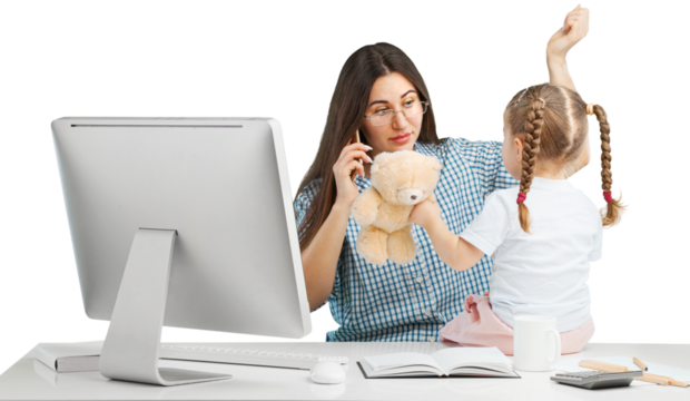 Beautiful young mother working for computer it home with little spoiled child . Mom or teacher and little girl child learn it home.