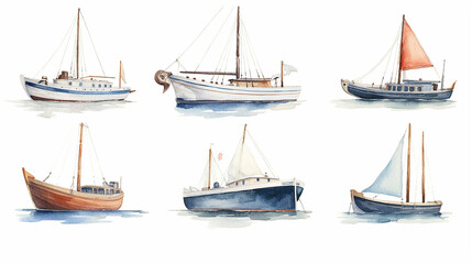 Obraz premium set, a collection of watercolor drawing of a boat with a sail. generative ai