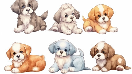 a group of cute watercolor puppies on a white background. generative Ai