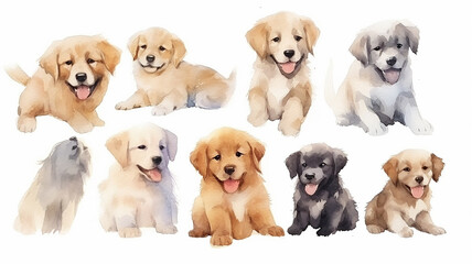 a group of cute watercolor puppies on a white background. generative Ai