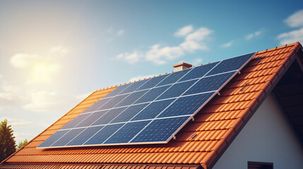 Fototapeta premium Sustainable Lifestyles: Solar Panel Roof Energy. Clean Power from the Sun for the Ecology. Generative AI