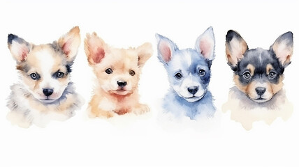 Obraz premium a group of cute watercolor puppies on a white background. generative Ai