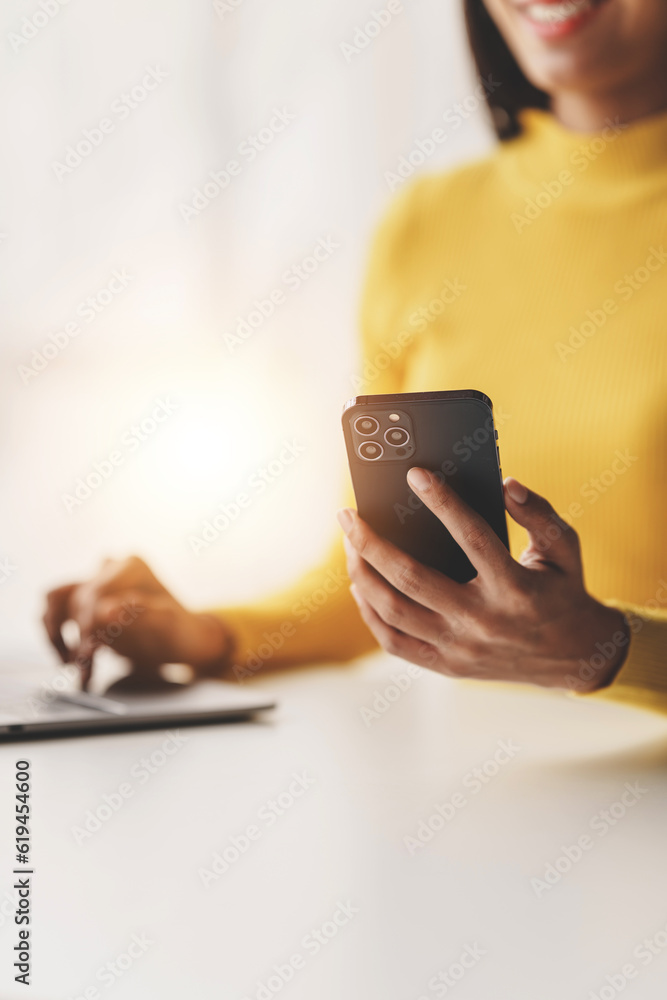 Wall mural type search information from the internet network. businessman working with smartphone, tablet and l