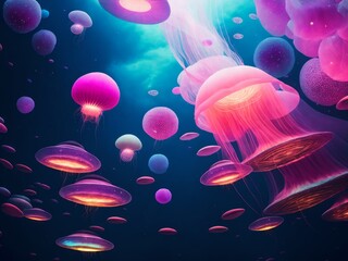 dozens of jellyfish floating in space, colorful nebula