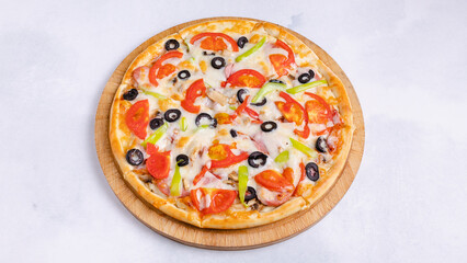 Vegetables and sausage pizza top view