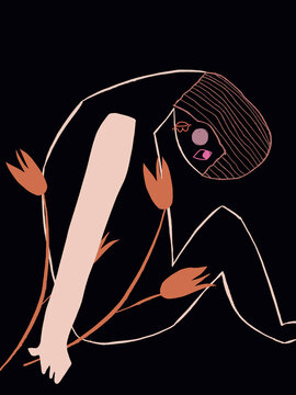 Happy woman portrait drawing with quirky imperfections, sitting with flowers in nature illustration