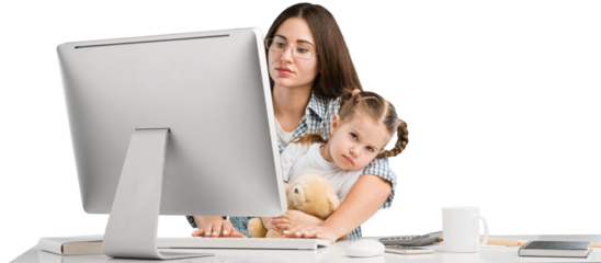 Happy busy mother working with a child on laptop