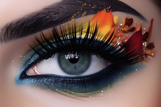 A shot of a woman's eye with bright makeup. Beautiful fashion model with creative artistic makeup. Abstract colorful makeup splash.