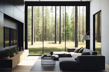 Cozy Home Interior With Big Windows Showing Nature Generative AI