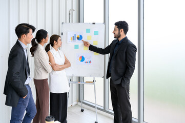 group of Successful business people meeting with presentation graph on flip chart. consulting training persuading employee client groups in the modern office. serious business team in office - obrazy, fototapety, plakaty