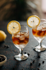 Espresso tonic beverage with coffee. Summer cold iced drink with ice still life photo