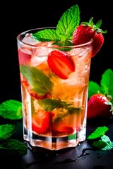 Strawberry mojito. Cold summer mojito cocktail with strawberries, mint, lemon and ice in a glass. Summer drinks. Generated AI