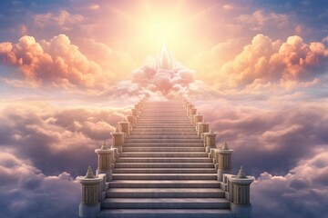 Stairs leading through the clouds to heaven, to paradise, dawn. Generative AI.