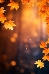 Naklejka na ściany i meble Falling fall maple leaves on autumn background. Seasonal banner with autumn foliage. Copy space. Generative AI.