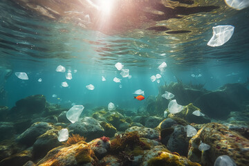 Fototapeta na wymiar plastic pollution of the ocean underwater photo. generative AI