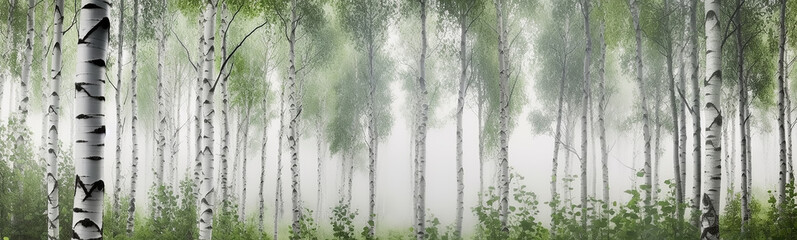 panorama of a green birch forest in the fog, long frame. Generative AI