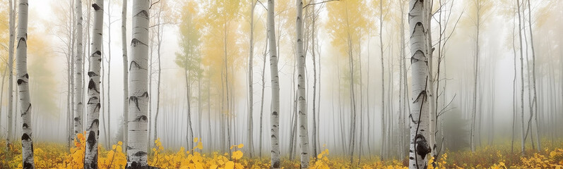 autumn birch forest fog landscape panorama October. generative  ai