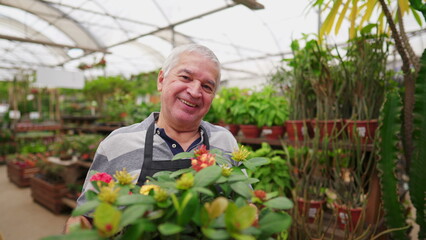 Mature man holding basket of plants standing inside Greenhouse flower store