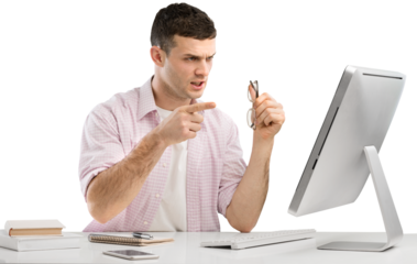 Young Caucasian man worker speak in glasses look at computer operational problems. Frustrated man surprised by unexpected error on computer device.