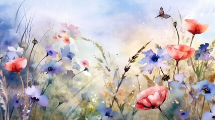 Obraz na płótnie Canvas multicolored wildflowers watercolor field drawing summer. generative ai