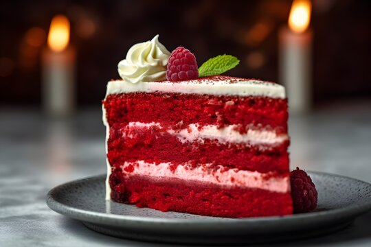 A Slice Of Red Velvet Cake With White Frosting And Raspberries