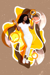 Vertical collage image of cheerful positive girl enjoy dancing drawing vinyl records isolated on...