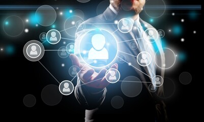 Customer Management, Businessman with global structure icons