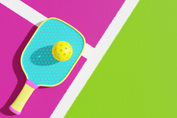 Pickleball court. One racket and ball on the sports ground. 3d rendering